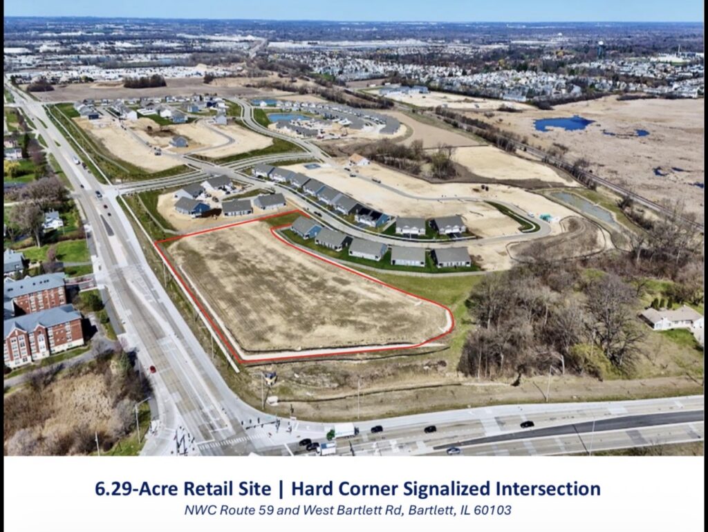 Aerial site photo — 6.29-acre retail site at a hard-corner signalized intersection
